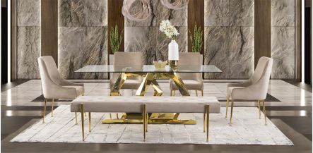 Comedor Royal Gold Hexa Con Sillas Y Banca Beige