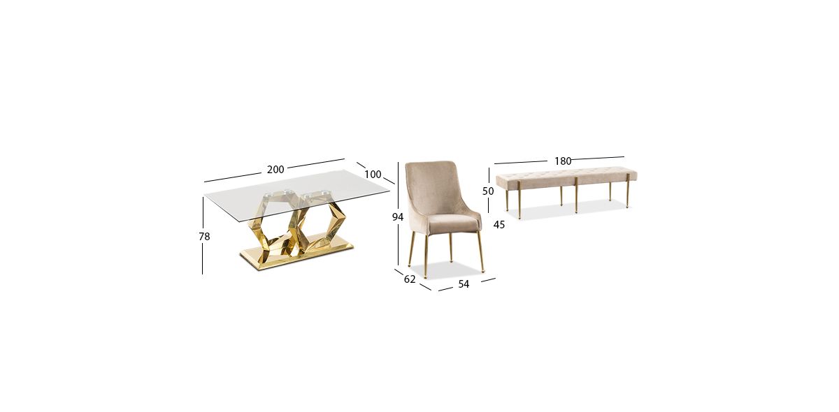 Comedor Royal Gold Hexa Con Sillas Y Banca Beige